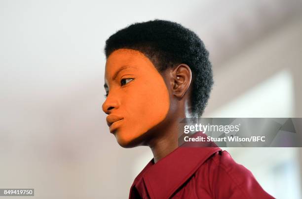 Models showcase designs at the minki presentation during London Fashion Week September 2017 on September 19, 2017 in London, England.