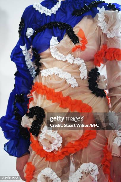 Models showcase designs at the minki presentation during London Fashion Week September 2017 on September 19, 2017 in London, England.