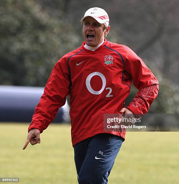 Brian Smith, the England backs coach pictured during the England training session held at Pennyhill Park Hotel on February 19th, 2009 in Bagshot,...