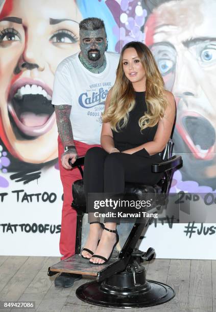 Charlotte Crosby attends a photocall for 'Just Tattoo Of Us: Can You Deal With The Reveal?' pop-up tattoo parlour on September 19, 2017 in London,...