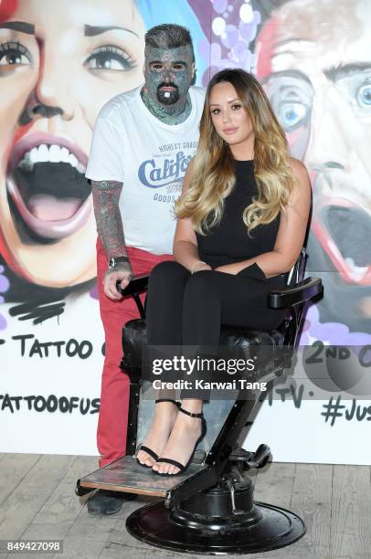 Charlotte Crosby attends a photocall for 'Just Tattoo Of Us: Can You Deal With The Reveal?' pop-up tattoo parlour on September 19, 2017 in London,...