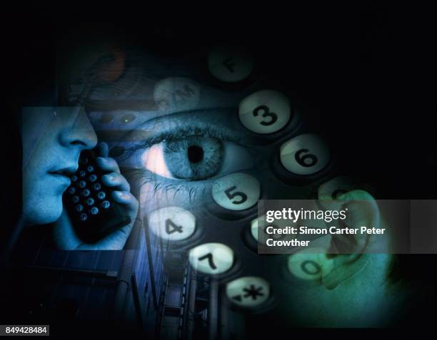 keypad, eye, ear and person using mobile phone - ouvir às escondidas imagens e fotografias de stock