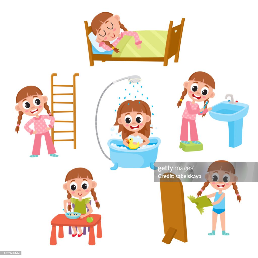 Daily Routine Management Cartoon Daily Morning Routine Set Cartoon Little Girl High-Res Vector Graphic ...