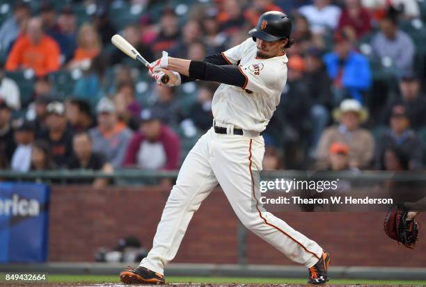 Jarrett Parker of the San Francisco Giants bats against the Arizona Diamondbacks in the bottom of the first inning at AT&T Park on September 16, 2017...