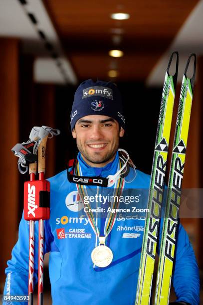 Simon Fourcade of France poses during the medal shooting at the IBU Biathlon World Chanpionships on February 20, 2009 in Pyeong Chang, Korea.
