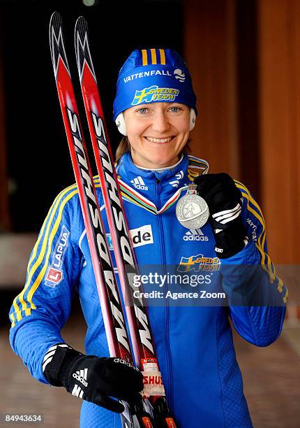 Anna Carin Olofsson-Zidek of Sweden poses during the medal shooting at the IBU Biathlon World Chanpionships on February 20, 2009 in Pyeong Chang,...