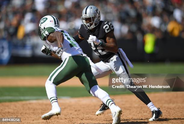 Gareon Conley of the Oakland Raiders in action guarding Jeremy Kerley of the New York Jets during the third quarter of their NFL football game at...