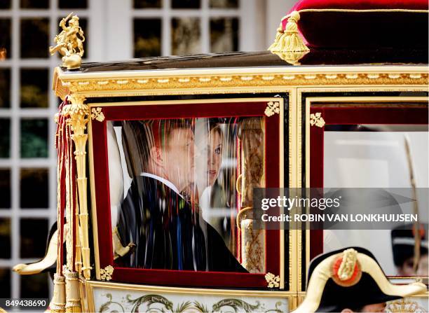 Dutch King Willem-Alexander and Queen Maxima depart in the Glass Carriage from the Palace Noordeinde during 'Prinsjesdag' in The Hague on September...