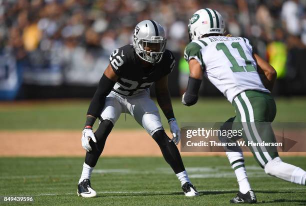 Gareon Conley of the Oakland Raiders in action guarding Robby Anderson of the New York Jets during the third quarter of their NFL football game at...