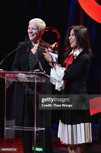 Annie Lennox and Olivia Harrison speak onstage during Global Citizen Live! at NYU Skirball Center on September 18, 2017 in New York City.