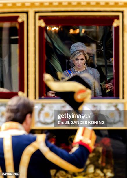Dutch King Willem-Alexander and Queen maxima depart in the Glass Carriage from the Palace Noordeinde during 'Prinsjesdag' in The Hague on September...