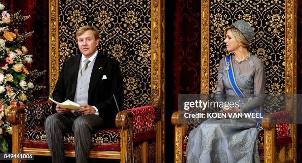 Dutch King Willem-Alexander delivers his 'Speech from the Throne' next to Queen Maxima in the Ridderzaal , during 'Prinsjesdag' in The Hague on...