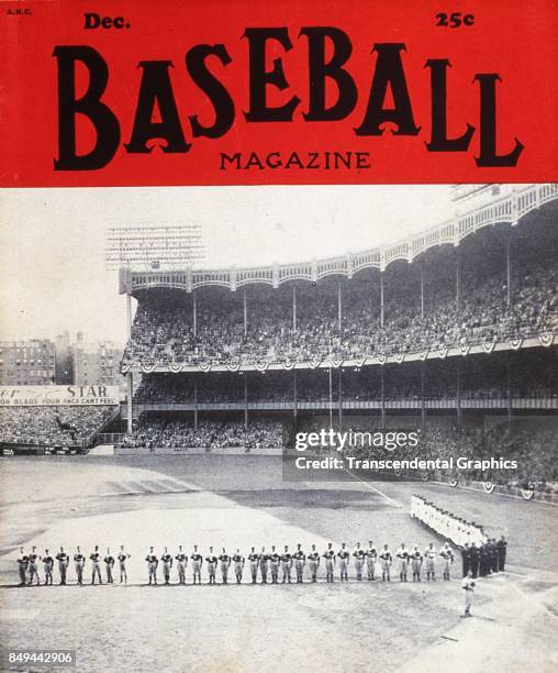 Baseball Magazine features a general view of New York Yankees and Brooklyn Dodgers baseball teams as they stand along the base lines for the national...