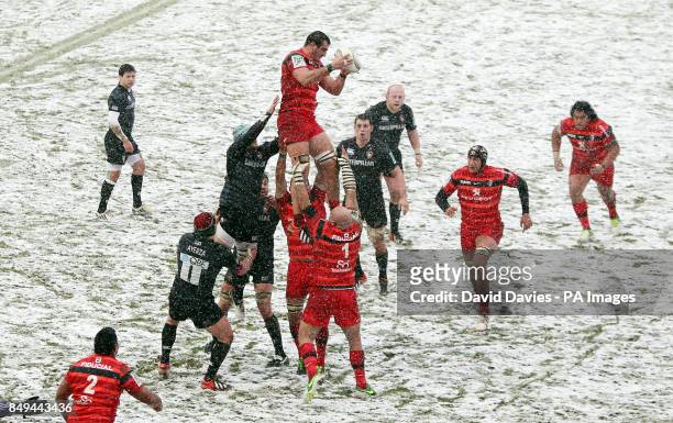 Toulouse's Yoann Maestri wins a lineout during the Heineken Cup, Pool Two match at Welford Road, Leicester.