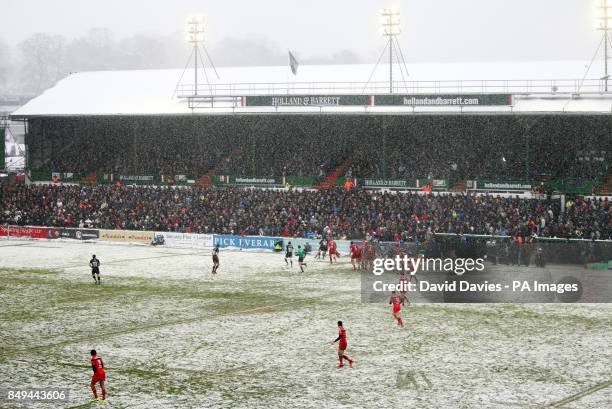 Leicester take on Toulouse as snow falls during the Heineken Cup, Pool Two match at Welford Road, Leicester.