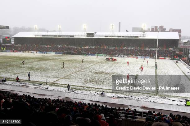 View of the snow covered pitch as Leicester take on Toulouse during the Heineken Cup, Pool Two match at Welford Road, Leicester.