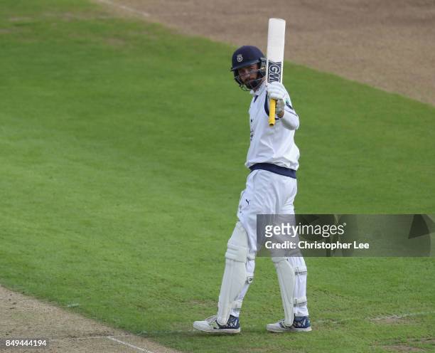 James Vince of Hampshire acknowlegdes the applause from the crowd after he scores 50 runs during the Specsavers County Championship Division One...