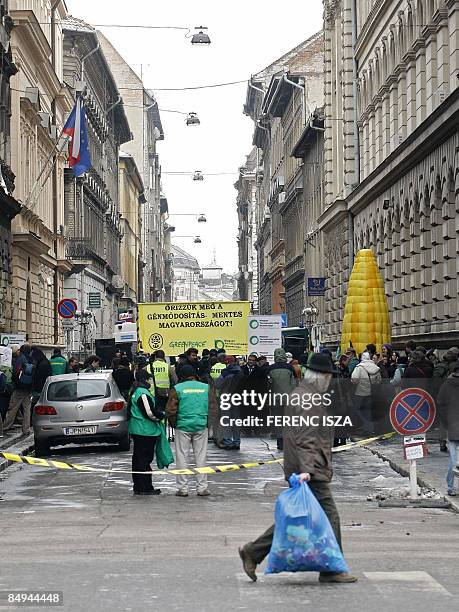 Hungarian Greenpeace activists gather during a demonstration in Budapest near the Embassy of Czech Republic on February 20, 2009. The environmental...