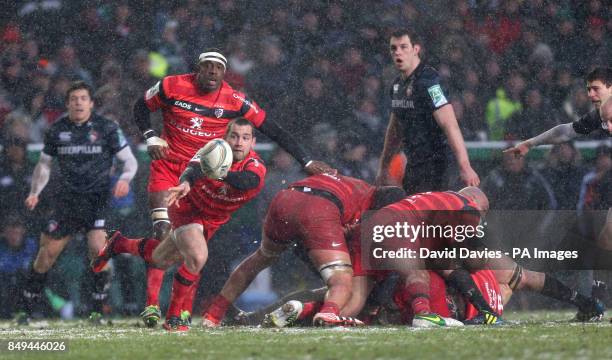 Toulouse's Jean-Marc Doussain gets his pass away during the Heineken Cup, Pool Two match at Welford Road, Leicester.