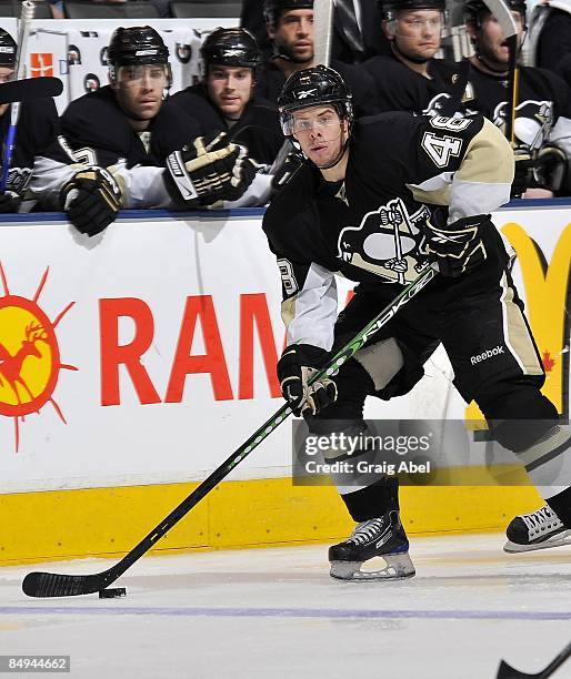 Tyler Kennedy of the Pittsburgh Penguins skates with the puck during game action against the Toronto Maple Leafs February 14, 2009 at the Air Canada...