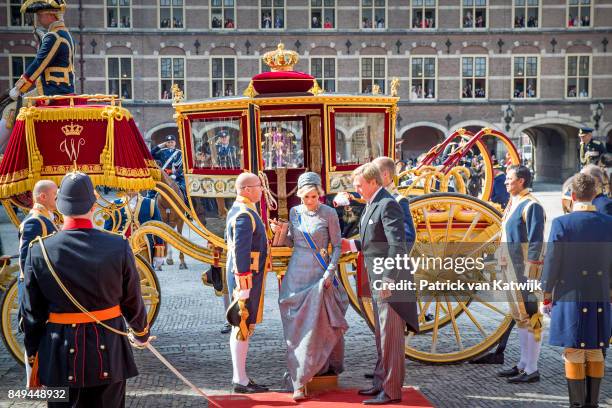 King Willem-Alexander of The Netherlands and Queen Maxima of The Netherlands arrive at the Ridderzaal with the Glass Coach during Prinsjesdag on...