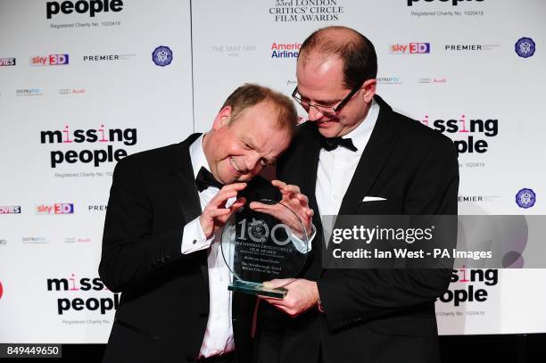 British Actor Of The Yea Winner Toby Jones with Stevie Haywood in the press room at the 2013 London Critics' Circle Film Awards at the May Fair...