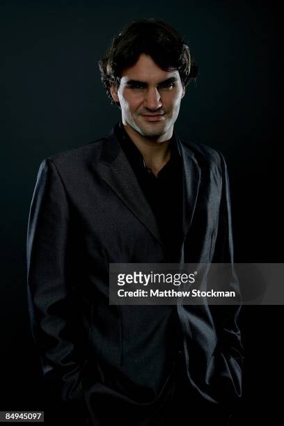 Roger Federer of Switzerland poses for a portrait at a media availability session at the Hiltono Hotel for the Tennis Masters Cup November 8, 2008 in...