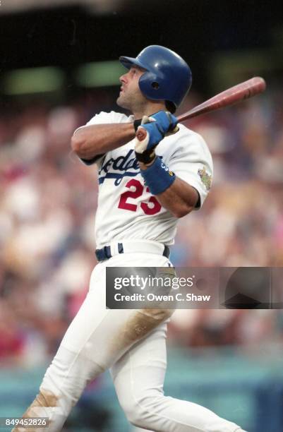 Eric Karros of the Los Angeles Dodgers bats against the Montreal Expos at Dodger Stadium circa 1996 in Los Angeles, California.