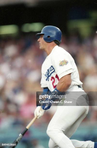 Billy Ashley of the Los Angeles Dodgers bats against the Montreal Expos at Dodger Stadium circa 1996 in Los Angeles, California.