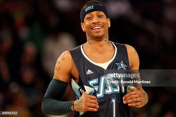 Allen Iverson of the Eastern Conference smiles during the 58th NBA All-Star Game, part of 2009 NBA All-Star Weekend at US Airways Center on February...