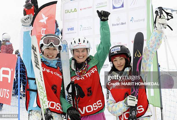 Miki Ito of Japan, Nikola Sudova of Czech Republic and Aiko Uemura of Japan are pictured in the finish area after competing in the World Cup...