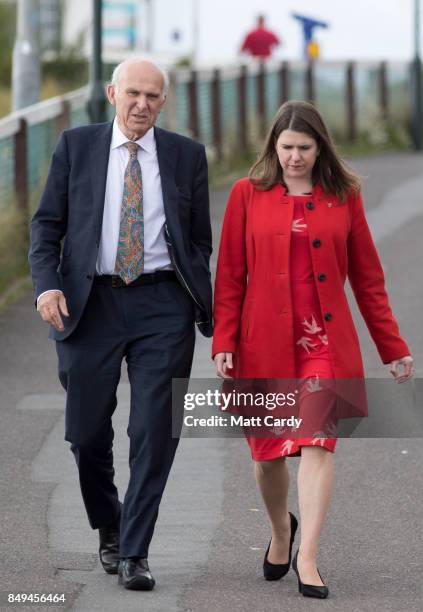 Liberal Democrat deputy leader Jo Swinson and party leader, Vince Cable arrive for his leader's speech on September 19, 2017 in Bournemouth, England....