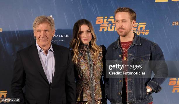 Actors Harrison Ford, Ana de Armas and Ryan Gosling attend a photocall for 'Blade Runner 2049' at the Villa Magna Hotel on September 19, 2017 in...