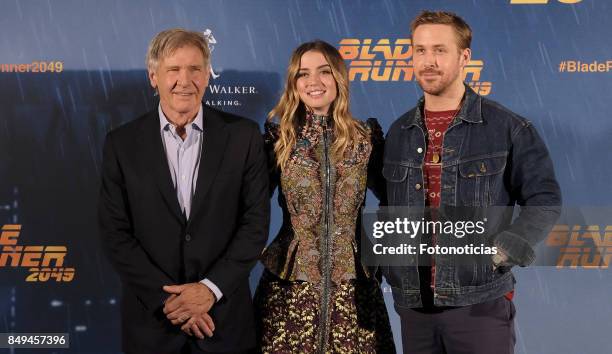 Actors Harrison Ford, Ana de Armas and Ryan Gosling attend a photocall for 'Blade Runner 2049' at the Villa Magna Hotel on September 19, 2017 in...