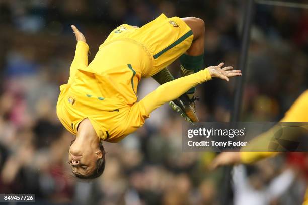 Sam Kerr of the Matildas celebrates a goal during the Women's International match between the Australian Matildas and Brazil at McDonald Jones...