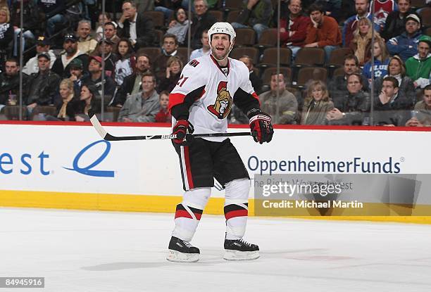 Jason Smith of the Ottawa Senators skates during his 1000th game against the Colorado Avalanche at the Pepsi Center on February 17, 2009 in Denver,...