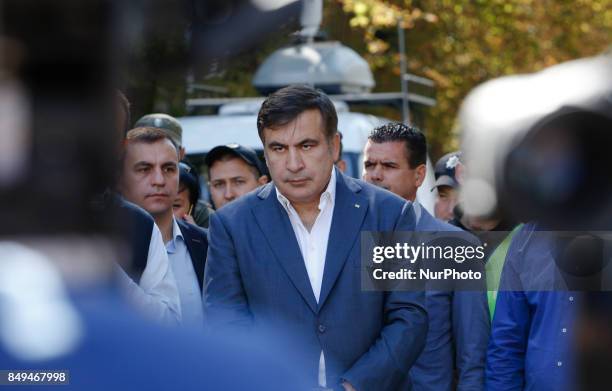 Former Georgian President and former Odessa Region Governor Mikheil Saakashvili and his lawyers in front of the Presidential Office building announce...