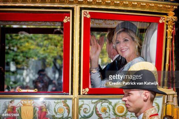 King Willem-Alexander of The Netherlands and Queen Maxima of The Netherlands in the Glass Coach during Prinsjesdag on September 19, 2017 in The...