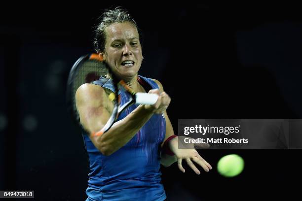 Babora Strycova of Czech Republic plays a forehand against Magdalena Rybarikova of Slovakia during day two of the Toray Pan Pacific Open Tennis At...