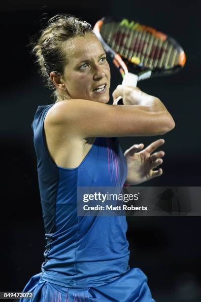 Babora Strycova of Czech Republic plays a forehand against Magdalena Rybarikova of Slovakia during day two of the Toray Pan Pacific Open Tennis At...