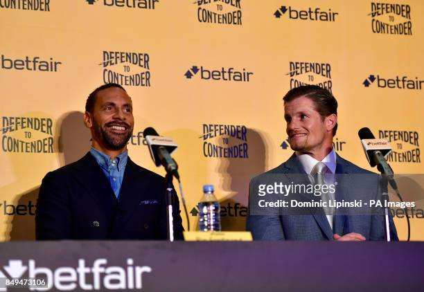 Rio Ferdinand and trainer Mel Deane during the press conference at York Hall, London.