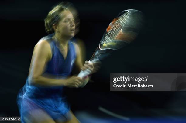 Babora Strycova of Czech Republic prepares to return serve in her match against Magdalena Rybarikova of Slovakia during day two of the Toray Pan...