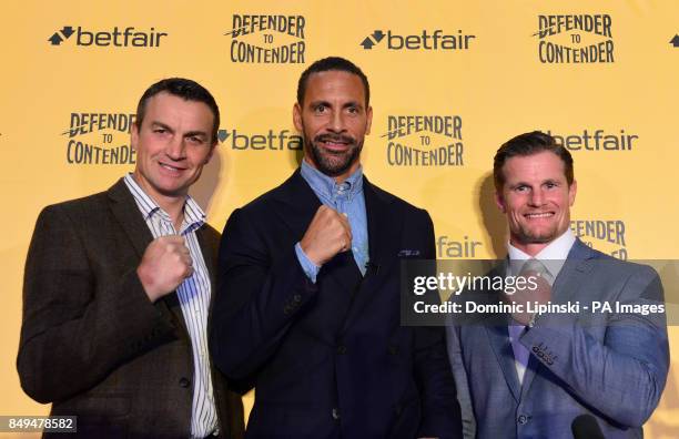 Richie Woodhall, Rio Ferdinand and Mel Deane during the press conference at York Hall, London.