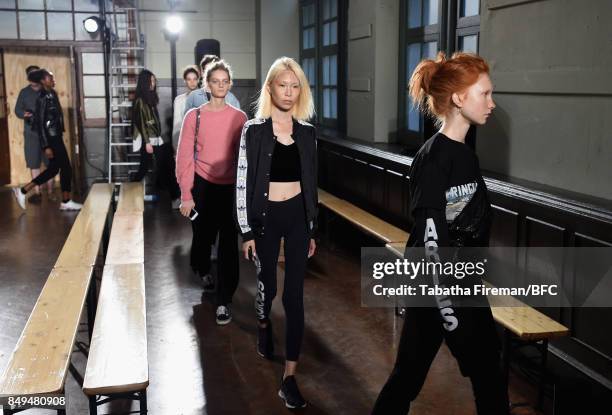 Models on the runway during rehearsals ahead of the palmer//harding show during London Fashion Week September 2017 on September 19, 2017 in London,...