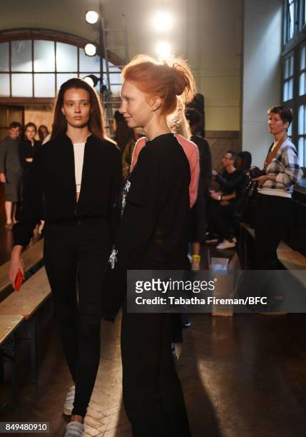 Models on the runway during rehearsals ahead of the palmer//harding show during London Fashion Week September 2017 on September 19, 2017 in London,...