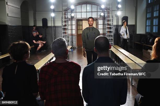 Models on the runway during rehearsals ahead of the palmer//harding show during London Fashion Week September 2017 on September 19, 2017 in London,...