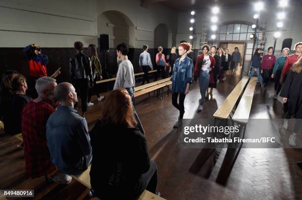 Models on the runway during rehearsals ahead of the palmer//harding show during London Fashion Week September 2017 on September 19, 2017 in London,...