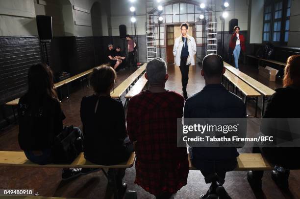 Models on the runway during rehearsals ahead of the palmer//harding show during London Fashion Week September 2017 on September 19, 2017 in London,...