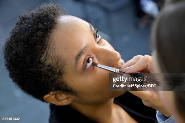 Model backstage ahead of the Sharon Wauchob show during London Fashion Week September 2017 on September 19, 2017 in London, England.