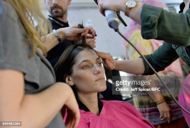 Model backstage ahead of the Sharon Wauchob show during London Fashion Week September 2017 on September 19, 2017 in London, England.